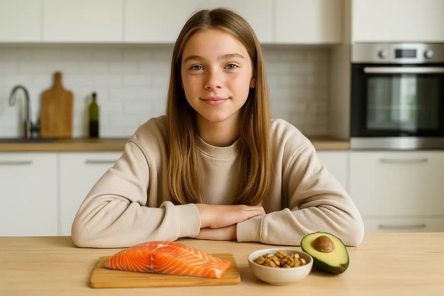 Dívka-teenager s dlouhými vlasy sedí v moderní světlé kuchyni u stolu, na kterém je čerstvý filet lososa, půlka avokáda a miska s vlašskými ořechy. Usmívá se a působí spokojeně, což symbolizuje zdravý životní styl a přirozené zdroje omega-3 mastných kyselin důležité pro vývoj dětí a dospívajících.
