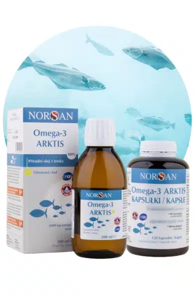 Norsan Omega 3 Arktis přírodní olej z tresky v tekuté formě a kapslích.