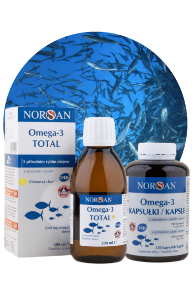 Norsan Omega-3 Total – přírodní rybí olej v tekuté formě a kapslích.