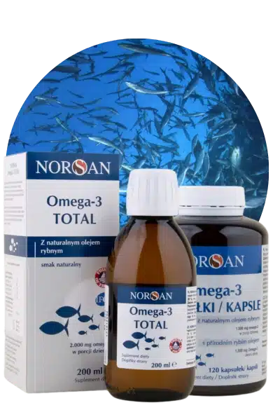 Norsan Omega 3 Total přírodní rybí olej v tekuté formě a kapslích.