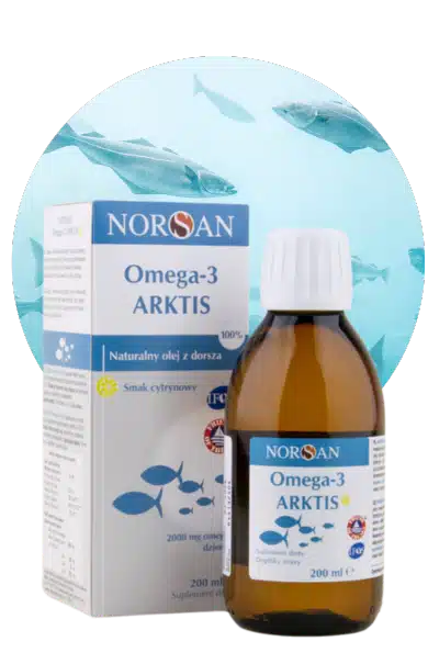 NORSAN Omega-3 ARKTIS 200 ml s přírodním olejem z tresčího masa a citronovou příchutí.