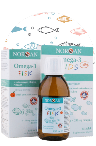 NORSAN Omega-3 FISK a Jelly pro děti s přírodním rybím olejem, pomerančovou a citronovo-jahodovou příchutí.