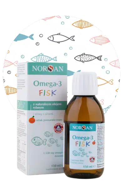 NORSAN Omega-3 FISK pro děti 150 ml s přírodním rybím olejem a pomerančovou příchutí.