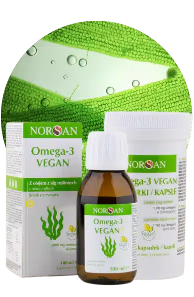 NORSAN Omega-3 VEGAN olej a kapsle s olejem z mořských řas a citronovou příchutí.