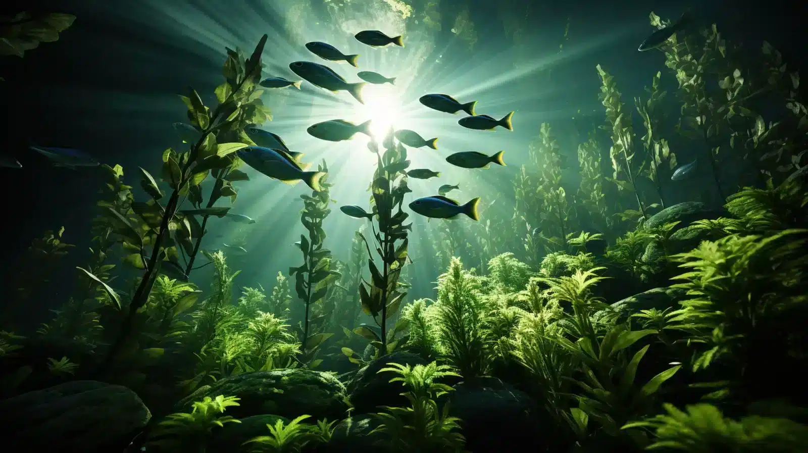 Podvodní pohled na hejno malých ryb plavajících mezi hustými mořskými řasami, které jsou přirozeným zdrojem omega-3 mastných kyselin DHA a EPA. Sluneční paprsky pronikají vodou a osvětlují zelené rostliny, což symbolizuje přírodní alternativu k rybímu oleji vhodnou pro vegany.