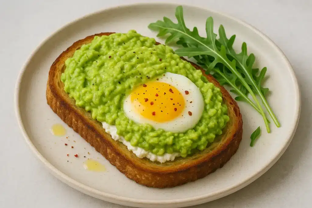 Recept z avokáda – toast s cottage sýrem, avokádovou pomazánkou a vejcem, dozdobený rukolou a kořením.