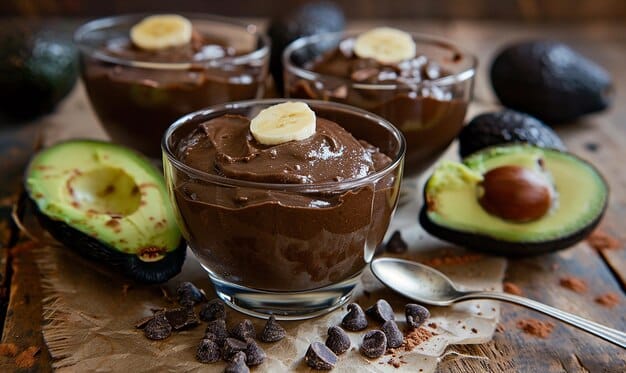 Recept z avokáda – čokoládová pěna podávaná ve skleničkách, ozdobená plátkem banánu, kolem čerstvé avokádo a kousky čokolády.